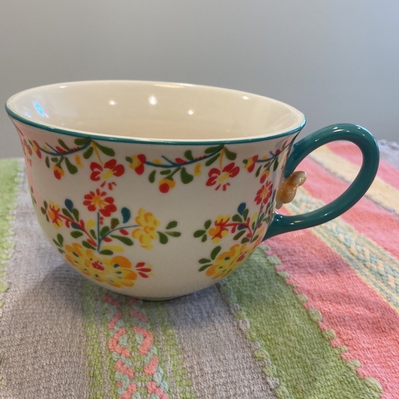 Anthropologie Cadiz Floral  Tea or Coffee Mug with Teal Handle and 3D Flower - Picture 3 of 13